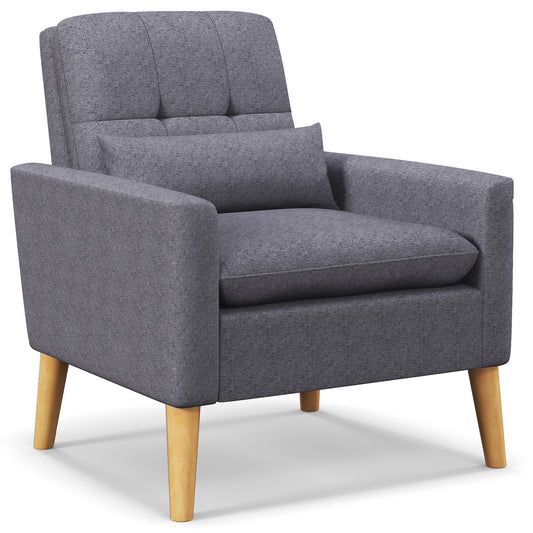 Topbuy Accent Chair Upholstered Tufted Armchair with Lumbar Pillow Natural Rubber Wood Legs  Comfy Padded Cushion Modern Linen Fabric Sofa Chair Grey