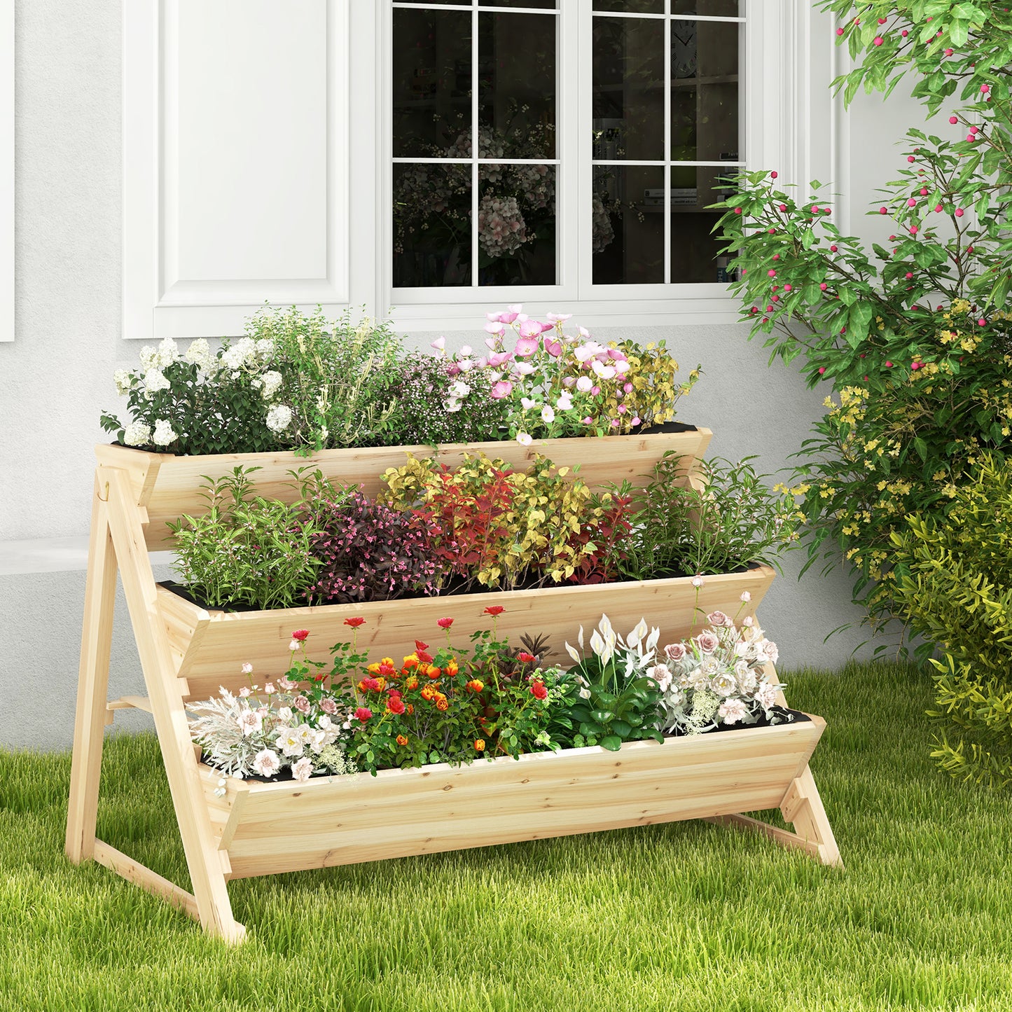 Topbuy 3-Tier Raised Garden Bed Wooden Vertical Planter Box with Storage Shelf 2 Hanging Hooks & 3 Bed Liners