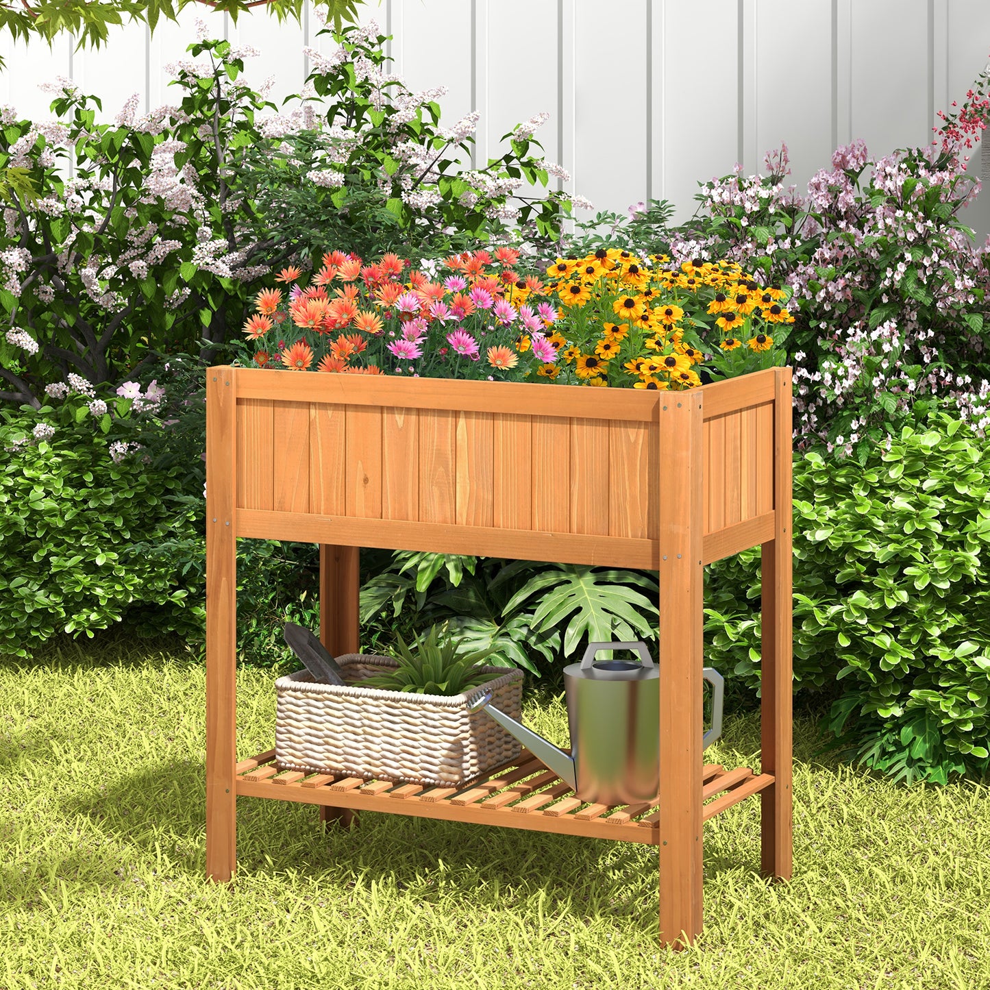 Topbuy Garden Bed Natural Solid Wood Growing Planter with Protective Liner, Elevated Planting Stand for Backyard