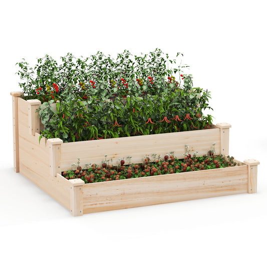 Topbuy 3-tier Raised Garden Bed, Tiered Garden Box w/Open-ended Base, Fir Wood Elevated Planter Box for Growing Vegetables, Flowers