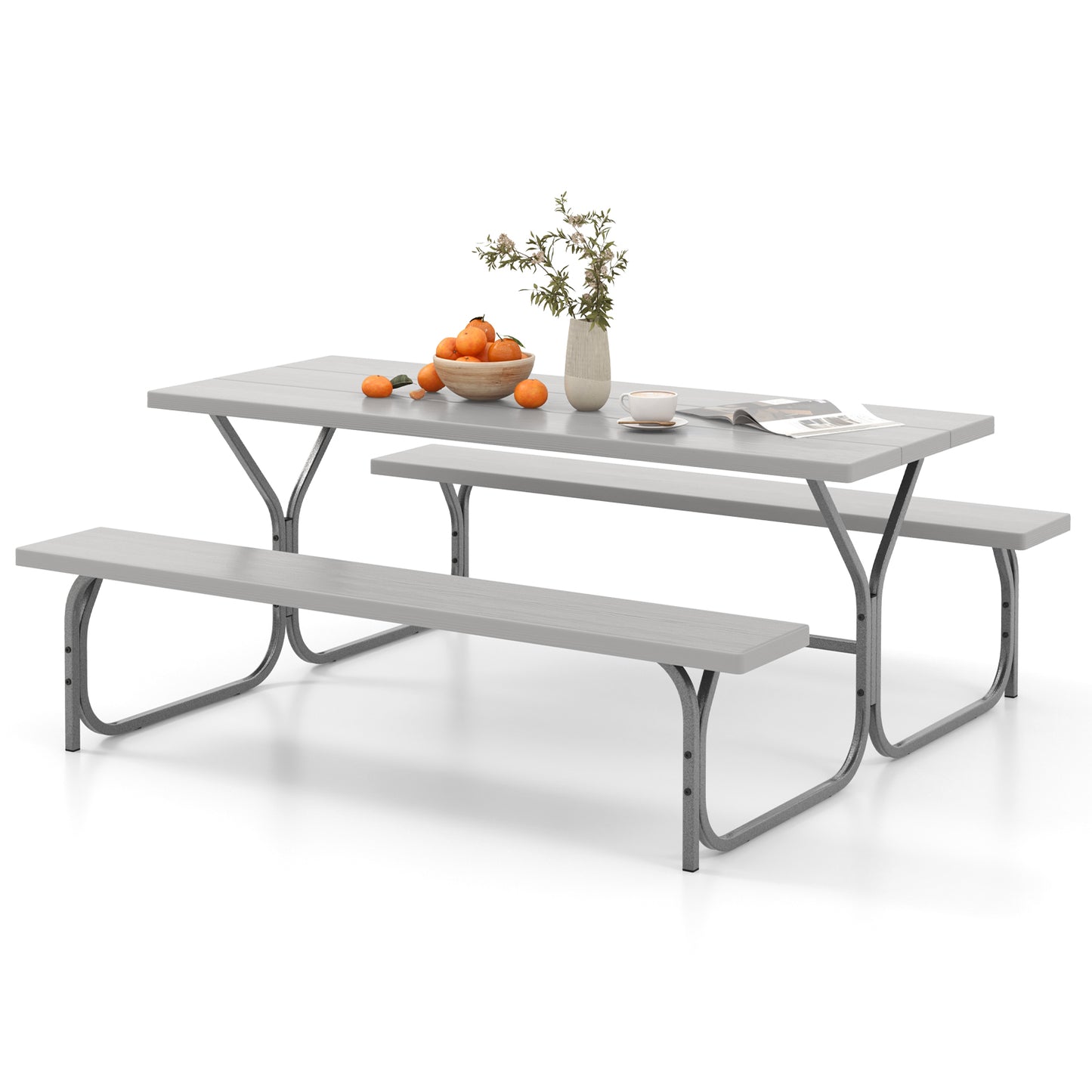 Topbuy Picnic Table Bench Set for 8 Person Outdoor Camping Table & 2 Benches with Metal Frame All-Weather Tabletop Grey