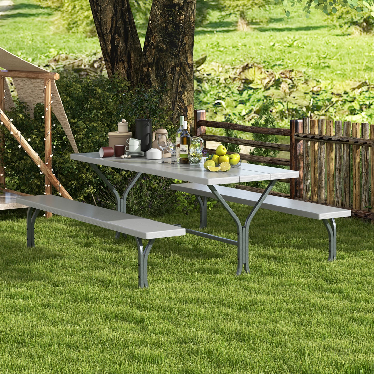 Topbuy Picnic Table Bench Set for 8 Person Outdoor Camping Table & 2 Benches with Metal Frame All-Weather Tabletop Grey