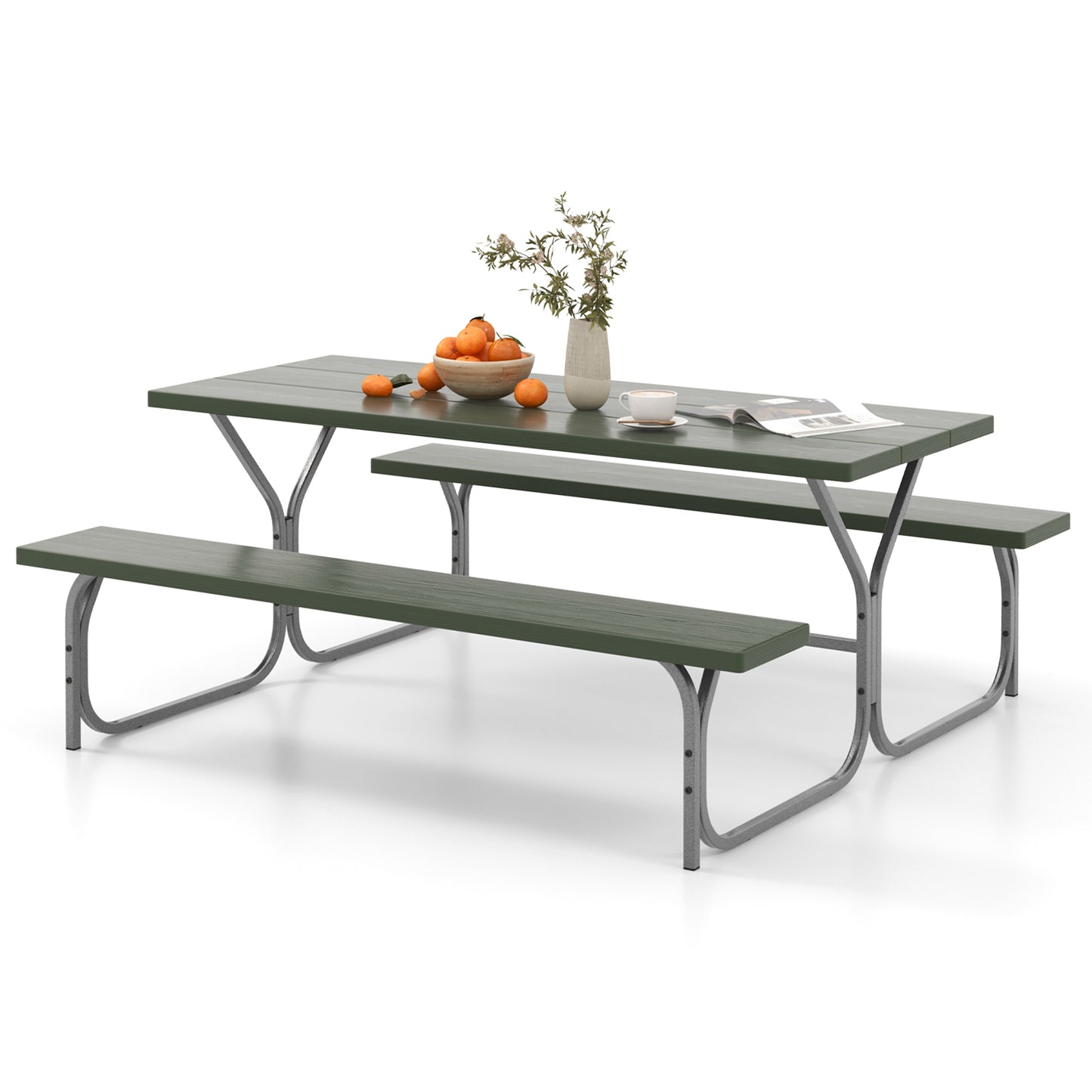 Topbuy Picnic Table Bench Set for 8 Person Outdoor Camping Table & 2 Benches with Metal Frame All-Weather Tabletop Green