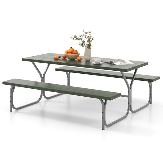 Topbuy Picnic Table Bench Set for 8 Person Outdoor Camping Table & 2 Benches with Metal Frame All-Weather Tabletop Green