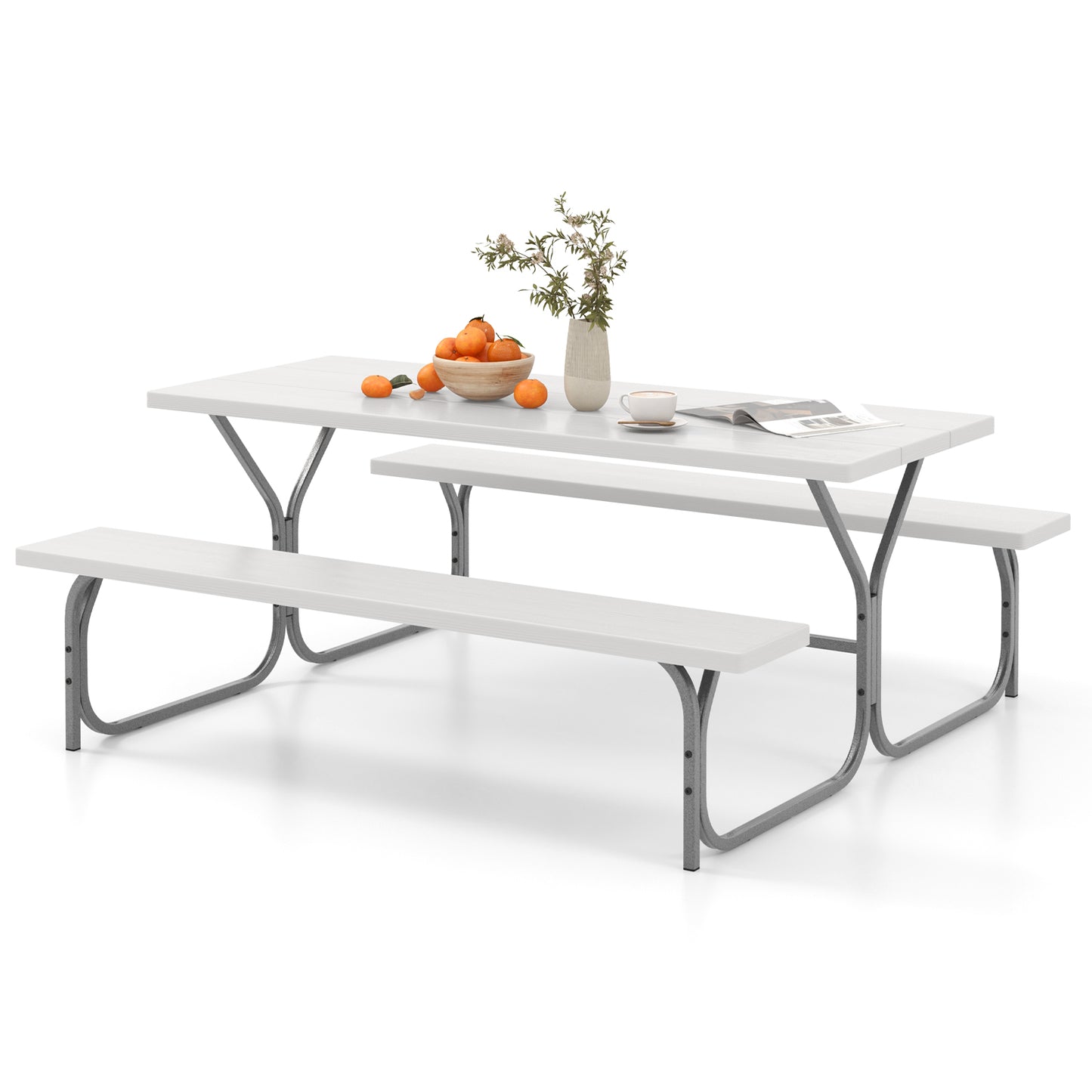 Topbuy Picnic Table Bench Set for 8 Person Outdoor Camping Table & 2 Benches with Metal Frame All-Weather Tabletop White