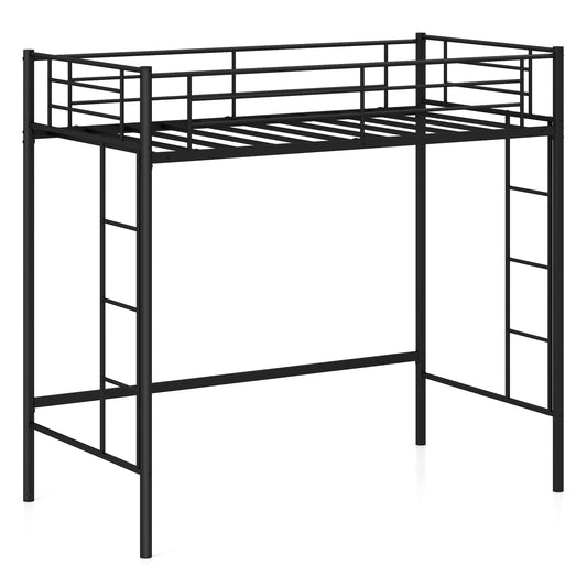 Topbuy Metal Twin Size Loft Bed Heavy Duty Loft Bed Frame with Safety Guardrail 2 Integrated Ladders Space-Saving Design Black