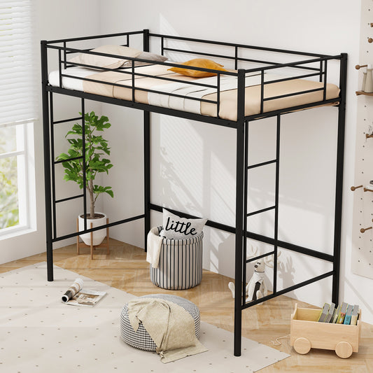 Topbuy Metal Twin Size Loft Bed Heavy Duty Loft Bed Frame with Safety Guardrail 2 Integrated Ladders Space-Saving Design Black