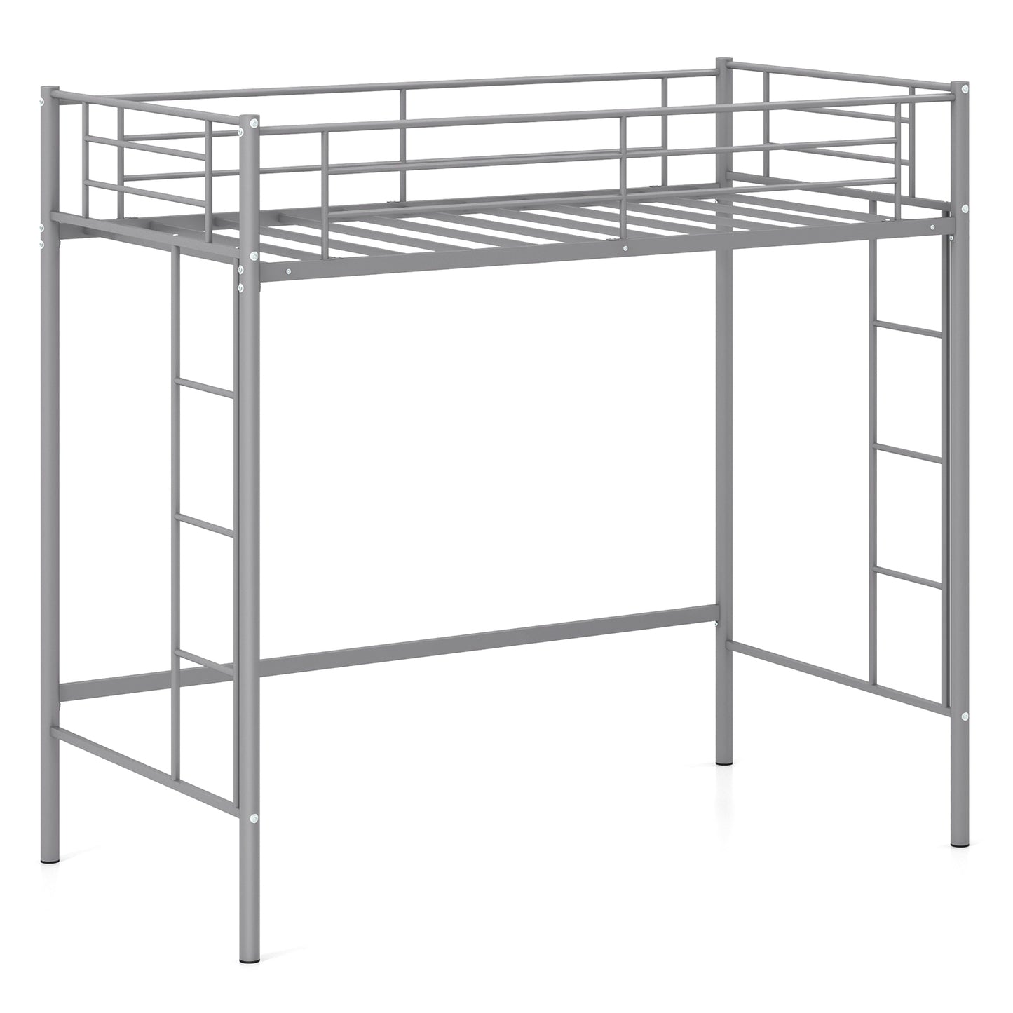 Topbuy Metal Twin Size Loft Bed Heavy Duty Loft Bed Frame with Safety Guardrail 2 Integrated Ladders Space-Saving Design Silver