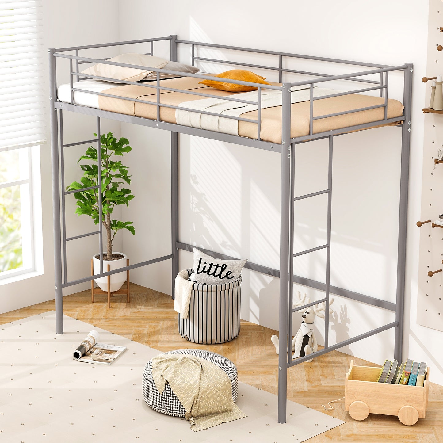 Topbuy Metal Twin Size Loft Bed Heavy Duty Loft Bed Frame with Safety Guardrail 2 Integrated Ladders Space-Saving Design Silver