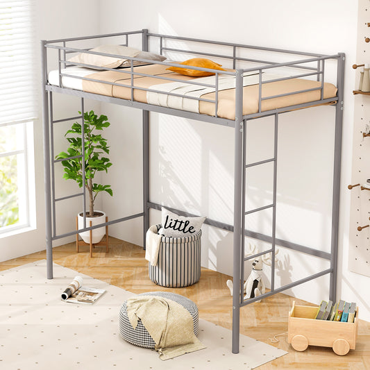 Topbuy Metal Twin Size Loft Bed Heavy Duty Loft Bed Frame with Safety Guardrail 2 Integrated Ladders Space-Saving Design Silver