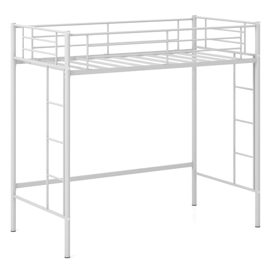 Topbuy Metal Twin Size Loft Bed Heavy Duty Loft Bed Frame with Safety Guardrail 2 Integrated Ladders Space-Saving Design White