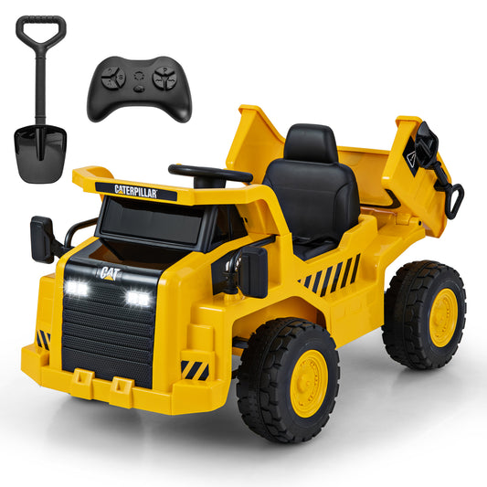 Topbuy Kids Ride on Dump Truck 12V Electric Vehicle w/2.4G Remote Control Working Megaphone Toy Car with LED Lights