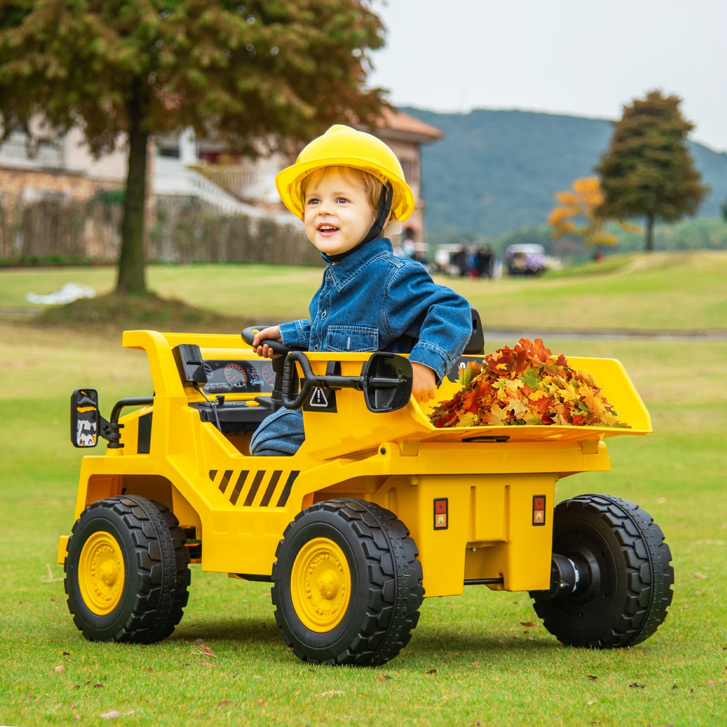 Topbuy Kids Ride on Dump Truck 12V Electric Vehicle w/2.4G Remote Control Working Megaphone Toy Car with LED Lights