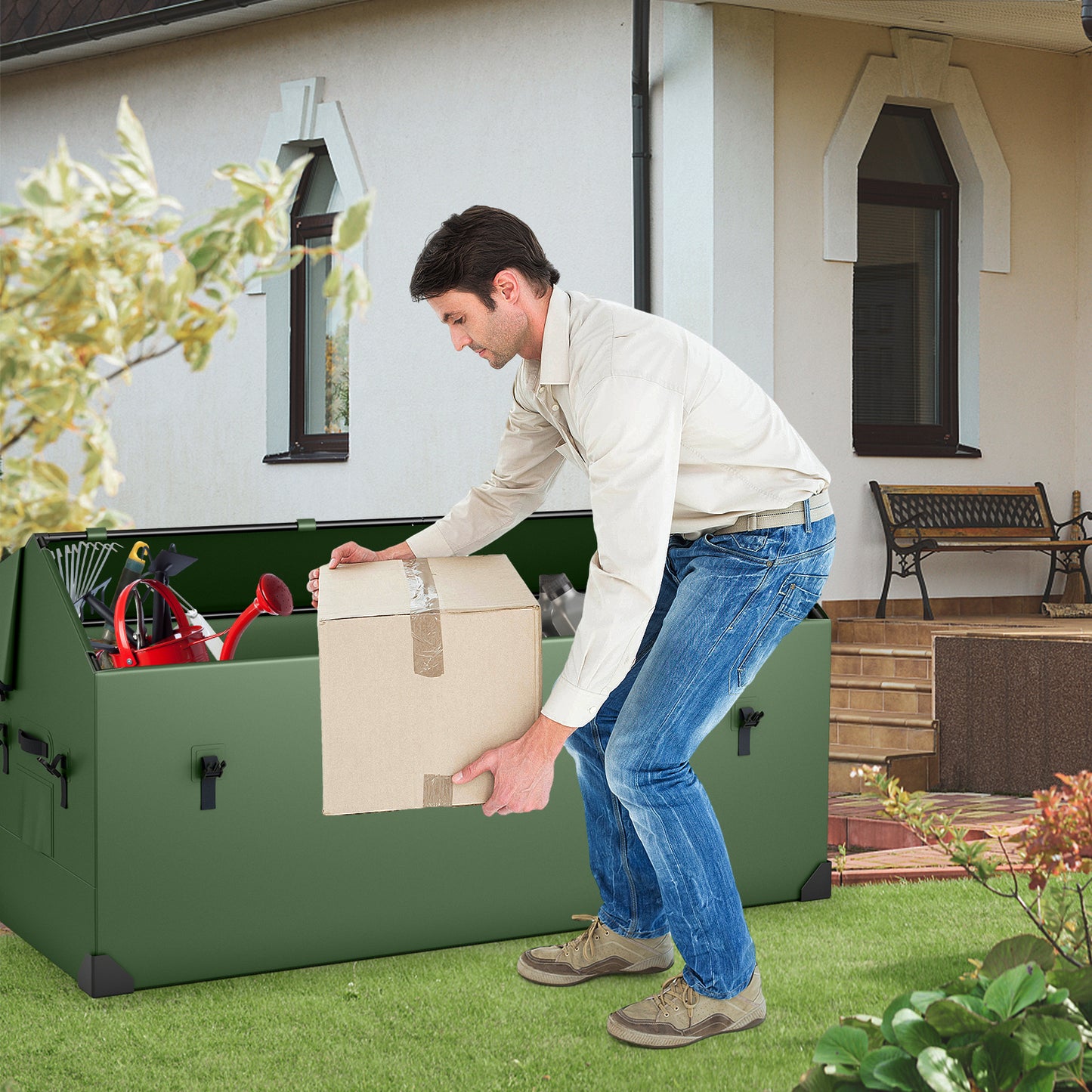 Topbuy Waterproof Outdoor Storage Box 174 Gallon Outdoor Tarpaulin Deck Box with Ventilated Window Corner Protector