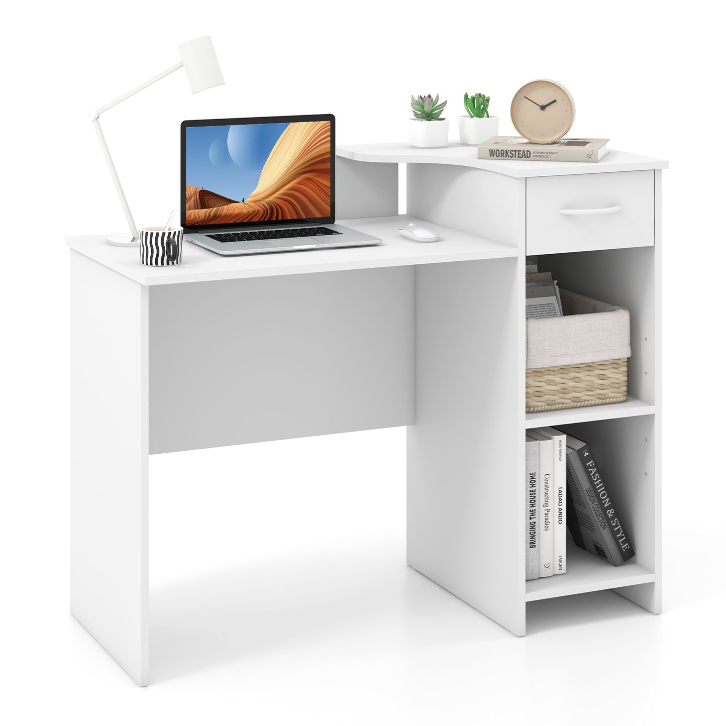 Topbuy Computer Desk with Printer Shelf Modern PC Workstation with Storage Drawer and CPU Stand 40.5" Writing Desk with Cable Hole White