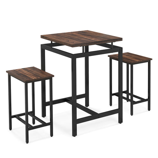 Topbuy 3 Pieces Bar Table Set Square Counter Height Table with Stools Floating Tabletop & Footrest Industrial Pub Table Set for Small Space