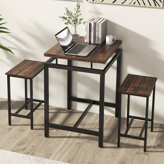 Topbuy 3 Pieces Bar Table Set Square Counter Height Table with Stools Floating Tabletop & Footrest Industrial Pub Table Set for Small Space