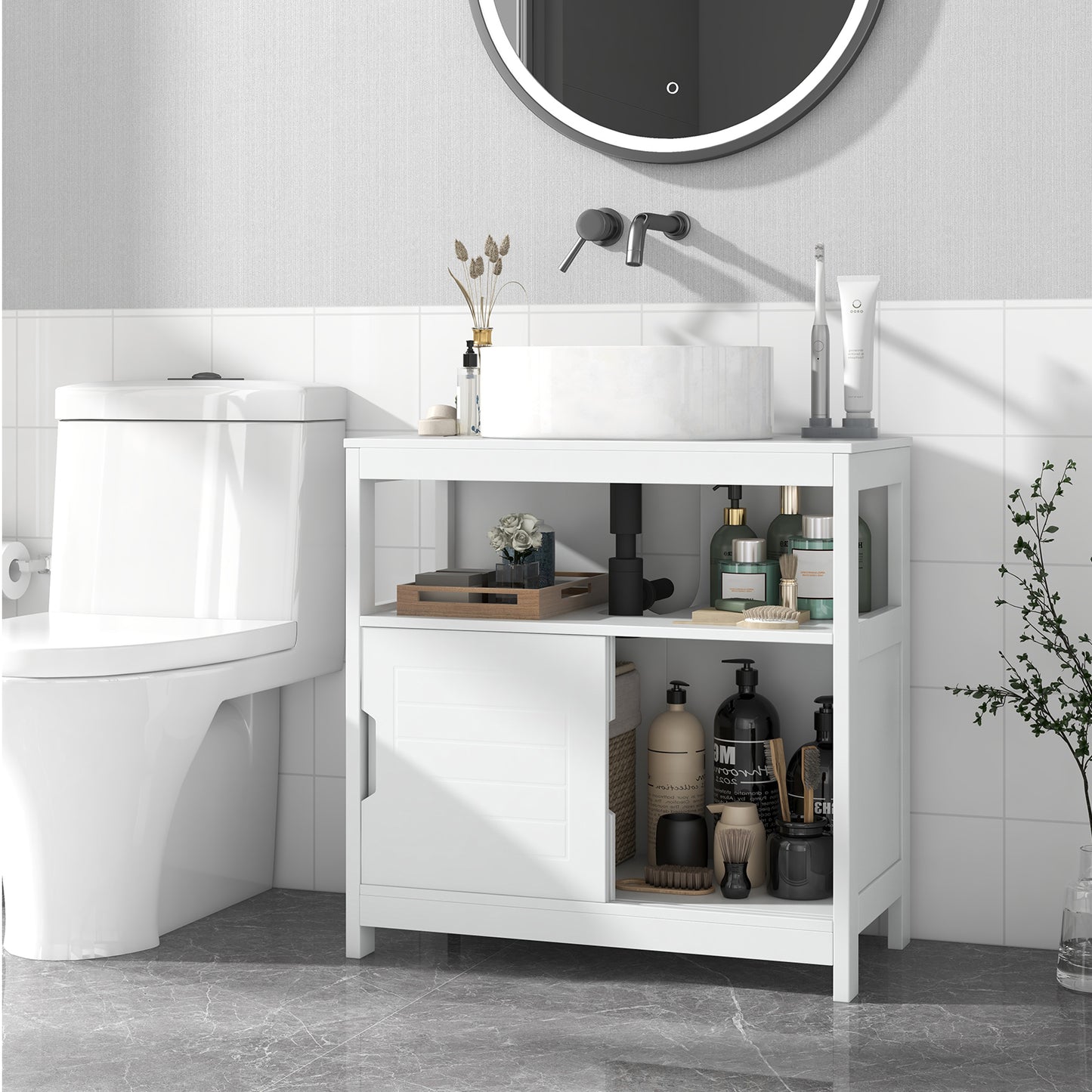 Topbuy Vessel Sink Storage Cabinet Under Sink Vanity Cabinet with 2 Sliding Doors & U-shaped Cut-out