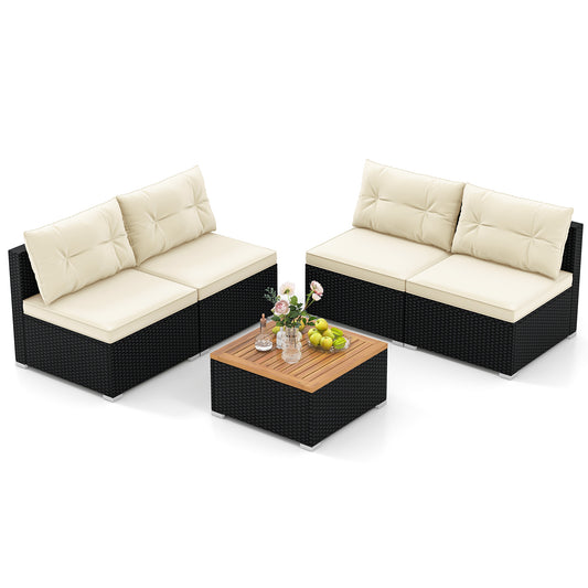 Topbuy 5 Pieces Outdoor Patio Furniture Set Sectional PE Rattan Sofa Set with Cushions and Acacia Wood Coffee Table