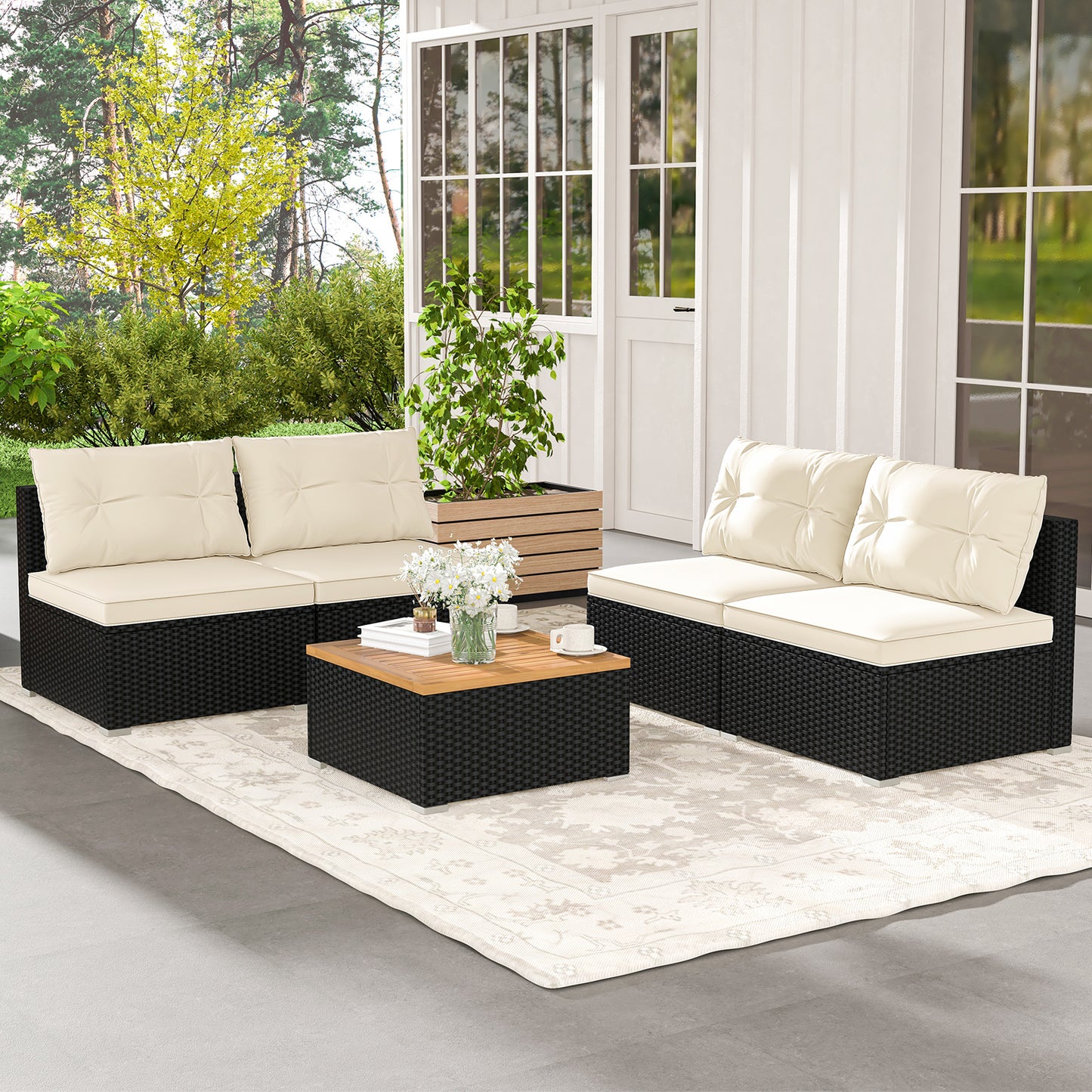 Topbuy 5 Pieces Outdoor Patio Furniture Set Sectional PE Rattan Sofa Set with Cushions and Acacia Wood Coffee Table