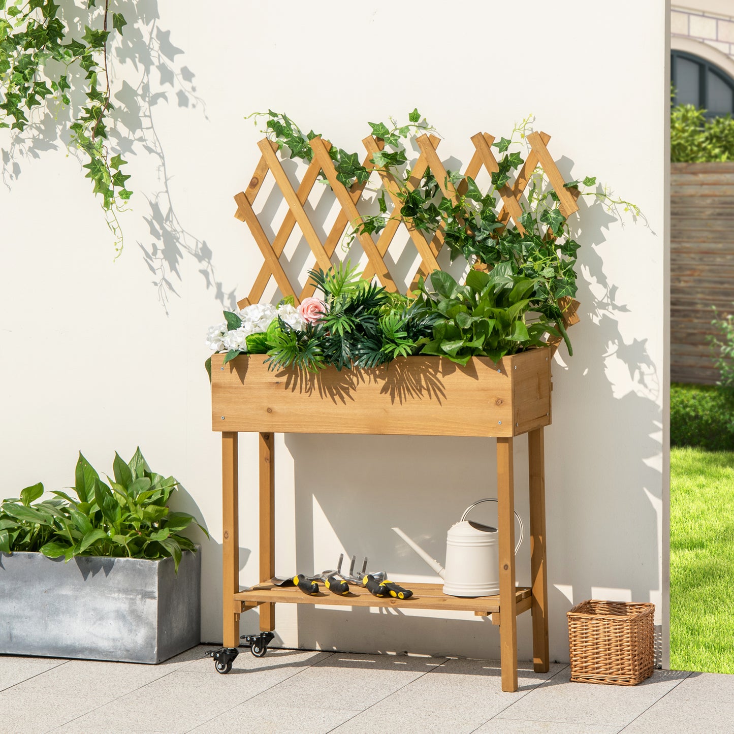 Topbuy Wooden Raised Garden Bed w/ Trellis Storage Shelf Legs Mobile Elevated Planter Box w/ Lockable Wheels Fabric Liner