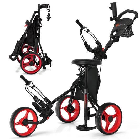 Topbuy 3 Wheel Golf Push Cart Lightweight Foldable Caddy Cart for Golf Bags with Adjustable Seat and Handle Umbrella Holder and Foot Brake Red