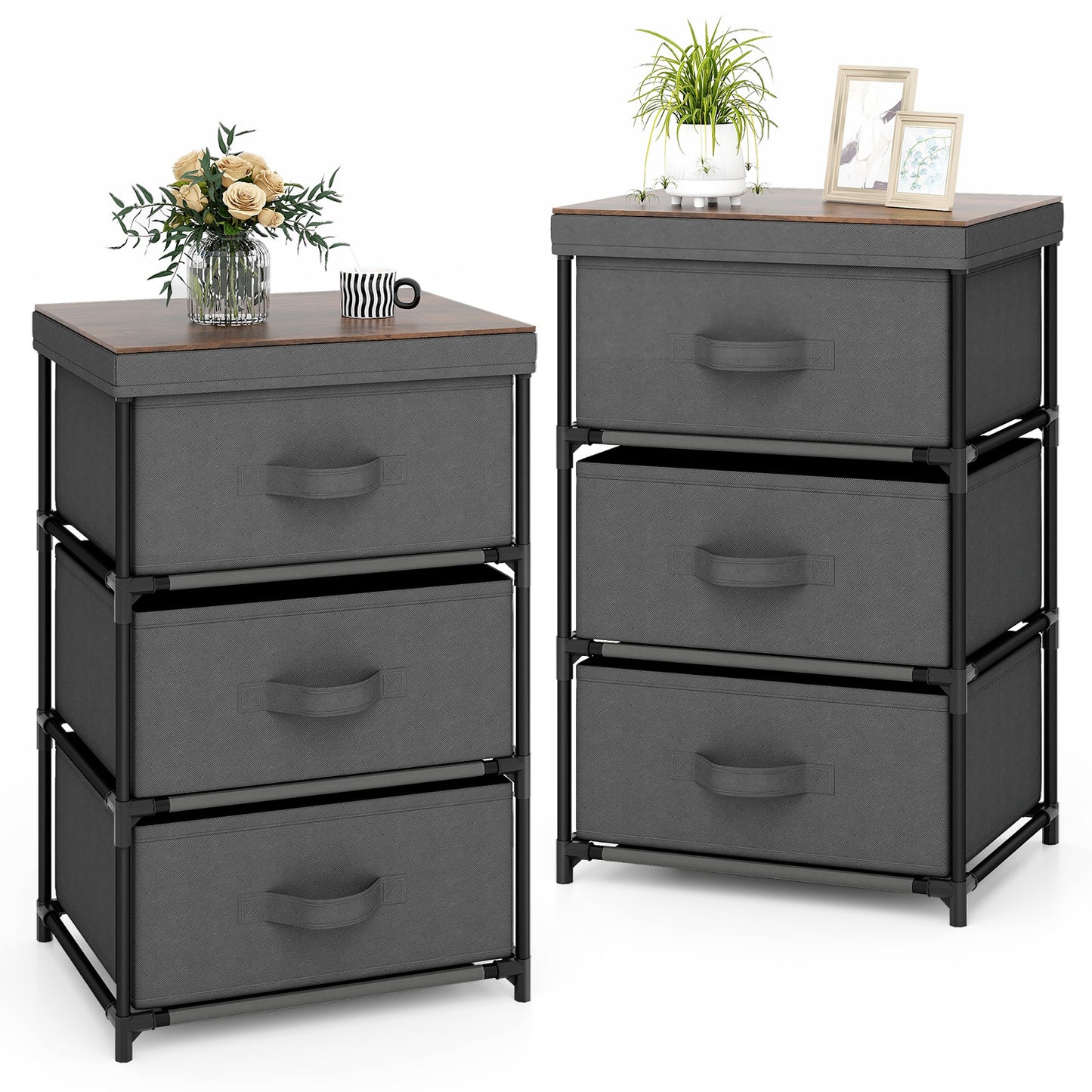 Topbuy 2pcs Dresser with 3 Drawers, Fabric Storage Organizer Tower Unit Tall Nightstand Bedside Table with Removable Lid for Bedroom