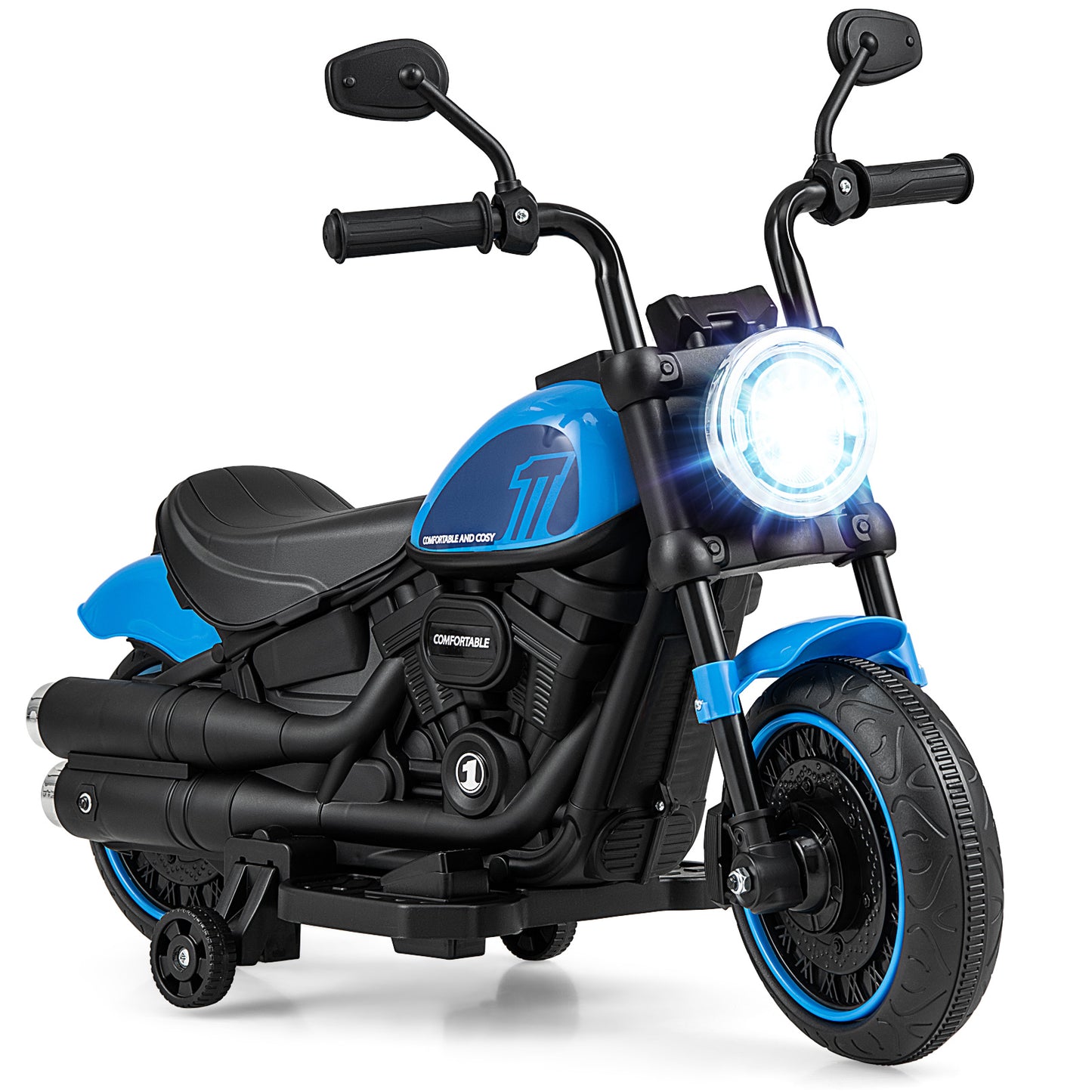 Topbuy 6V Kids Ride On Motorcycle with Training Wheels Electric Battery Powered Off-Road Motorbike with Headlight & Music Blue