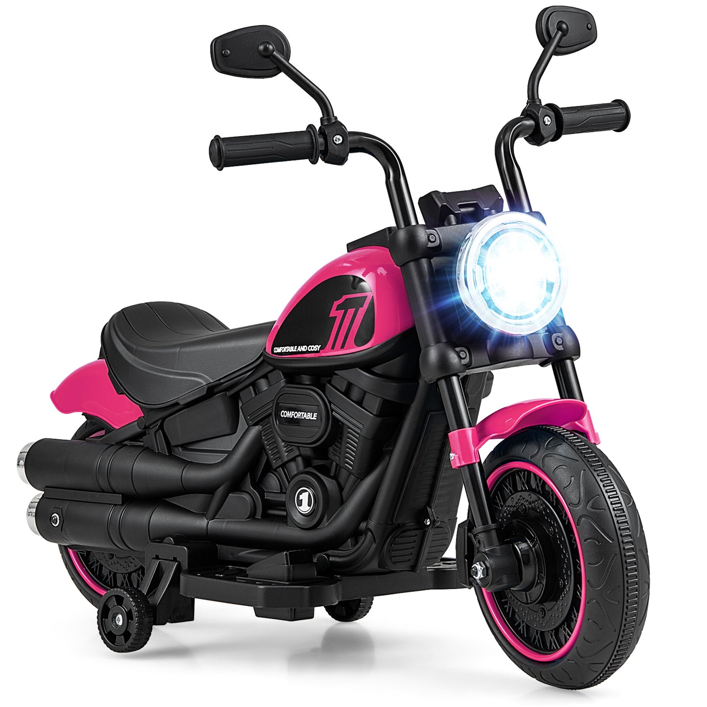 Topbuy 6V Kids Ride On Motorcycle with Training Wheels Electric Battery Powered Off-Road Motorbike with Headlight & Music Pink