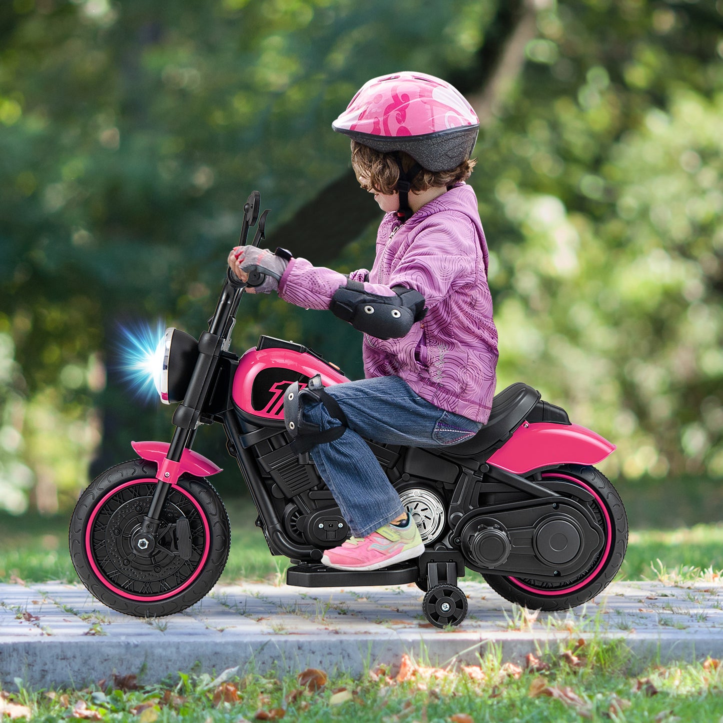 Topbuy 6V Kids Ride On Motorcycle with Training Wheels Electric Battery Powered Off-Road Motorbike with Headlight & Music Pink