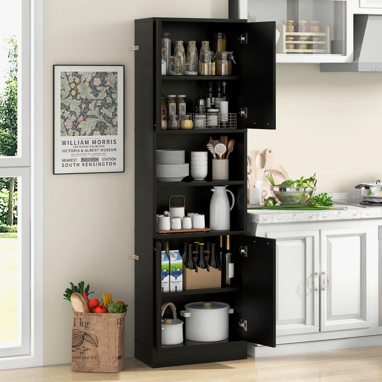 Topbuy Kitchen Pantry Cabinet 75" Tall Freestanding Cupboard with Doors & Shelves Safety Hinges & Anti-tipping Devices Black