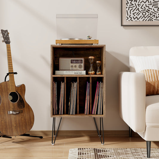 Topbuy Home Record Player Stand w/ Storage 3-Tier Vinyl Record Storage Cabinet Turntable Stand w/ Charging Station Open Shelf & 4 Dividers Rustic Brown