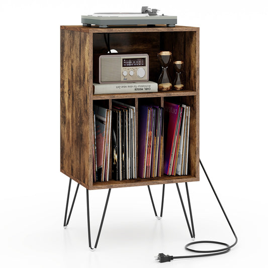 Topbuy Home Record Player Stand w/ Storage 3-Tier Vinyl Record Storage Cabinet Turntable Stand w/ Charging Station Open Shelf & 4 Dividers Rustic Brown