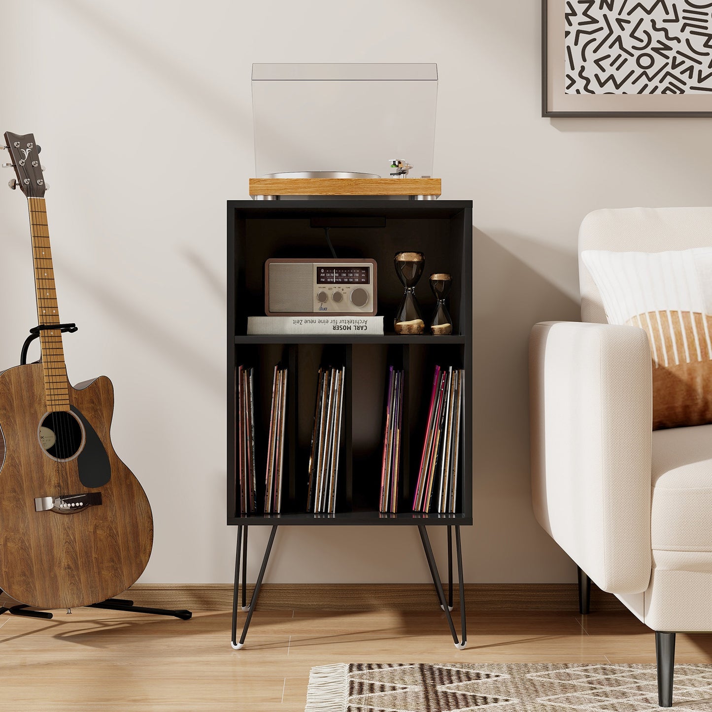 Topbuy Home Record Player Stand w/ Storage 3-Tier Vinyl Record Storage Cabinet Turntable Stand w/ Charging Station Open Shelf & 4 Dividers Rustic Brown/Black/Walnut