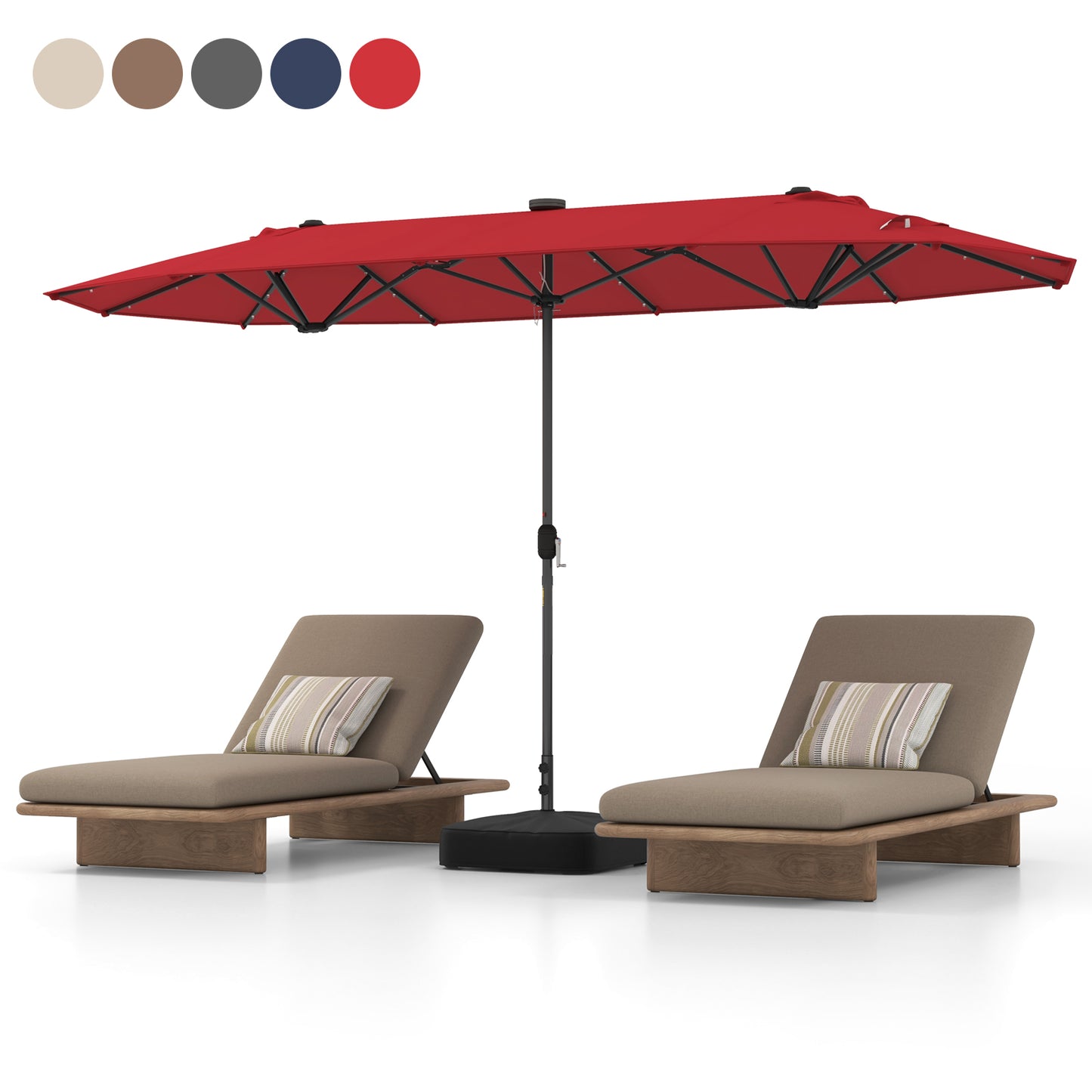 Topbuy 13 FT Patio Umbrella Double-Sided Market Umbrella with 36 Solar-Powered LED Lights Cross Base Included Red