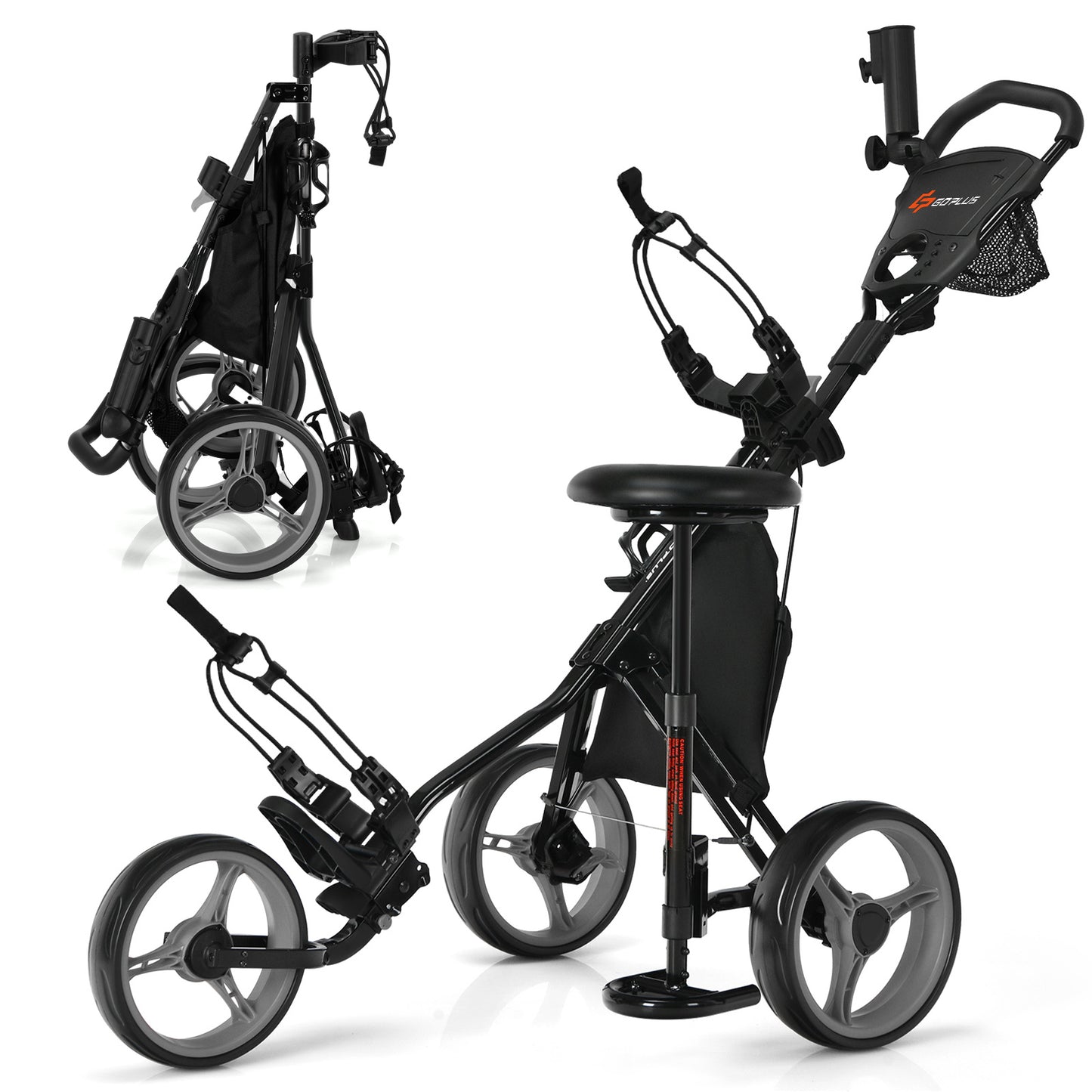 Topbuy 3 Wheel Golf Push Cart Lightweight Foldable Caddy Cart for Golf Bags with Adjustable Seat and Handle Umbrella Holder and Foot Brake Gray/Blue