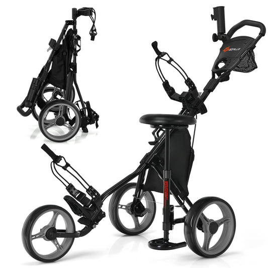 Topbuy 3 Wheel Golf Push Cart Lightweight Foldable Caddy Cart for Golf Bags with Adjustable Seat and Handle Umbrella Holder and Foot Brake Gray