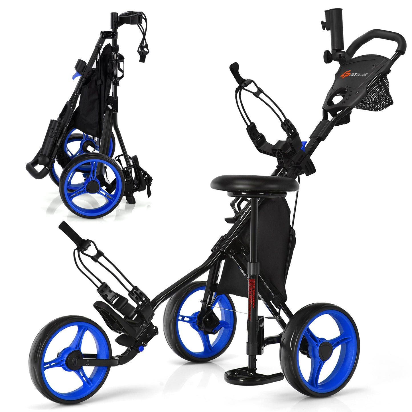 Topbuy 3 Wheel Golf Push Cart Lightweight Foldable Caddy Cart for Golf Bags with Adjustable Seat and Handle Umbrella Holder and Foot Brake Blue