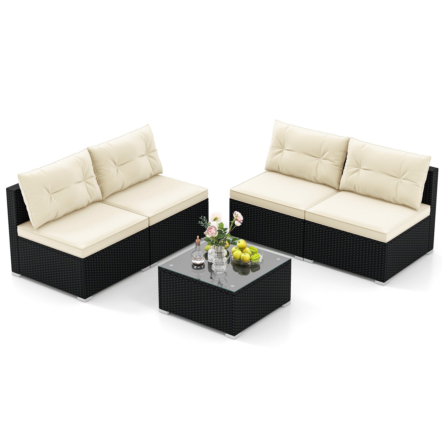 Topbuy 5 Pieces Outdoor Patio Furniture Set Sectional PE Rattan Sofa Set with Cushions and Tempered Glass Coffee Table