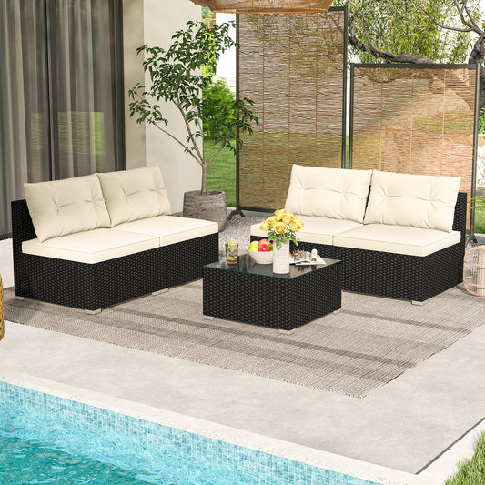 Topbuy 5 Pieces Outdoor Patio Furniture Set Sectional PE Rattan Sofa Set with Cushions and Tempered Glass Coffee Table