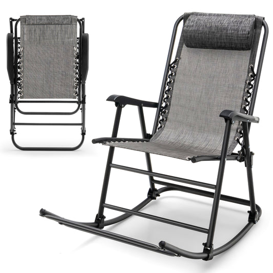 Topbuy Foldable Rocking Chair Zero Gravity Lounge Rocker with Headrest Outdoor Portable Rocker Gray