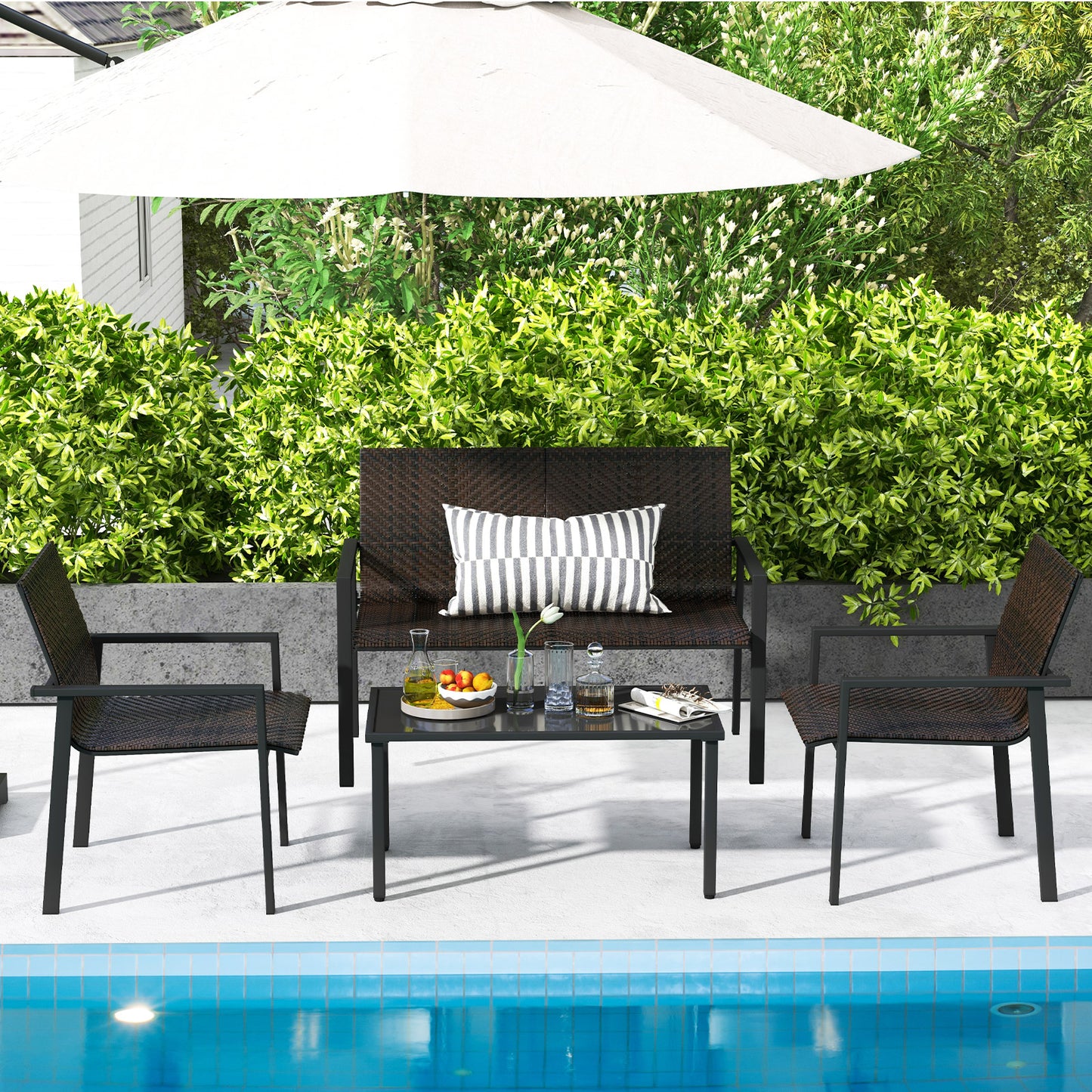 Topbuy 4 Pieces Patio Furniture Set, Heavy Duty Galvanized Metal Frame Outdoor Wicker Table and Chairs Set