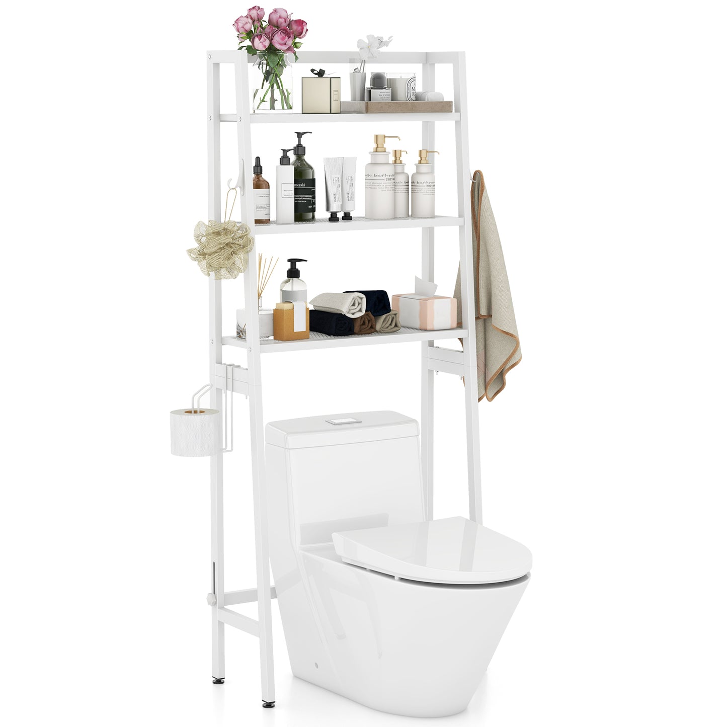 Topbuy Over-the-Toilet Storage 3-Tier Freestanding Bathroom Organizer Shelf w/ 2 Hanging Hooks & Toilet Paper Holder White