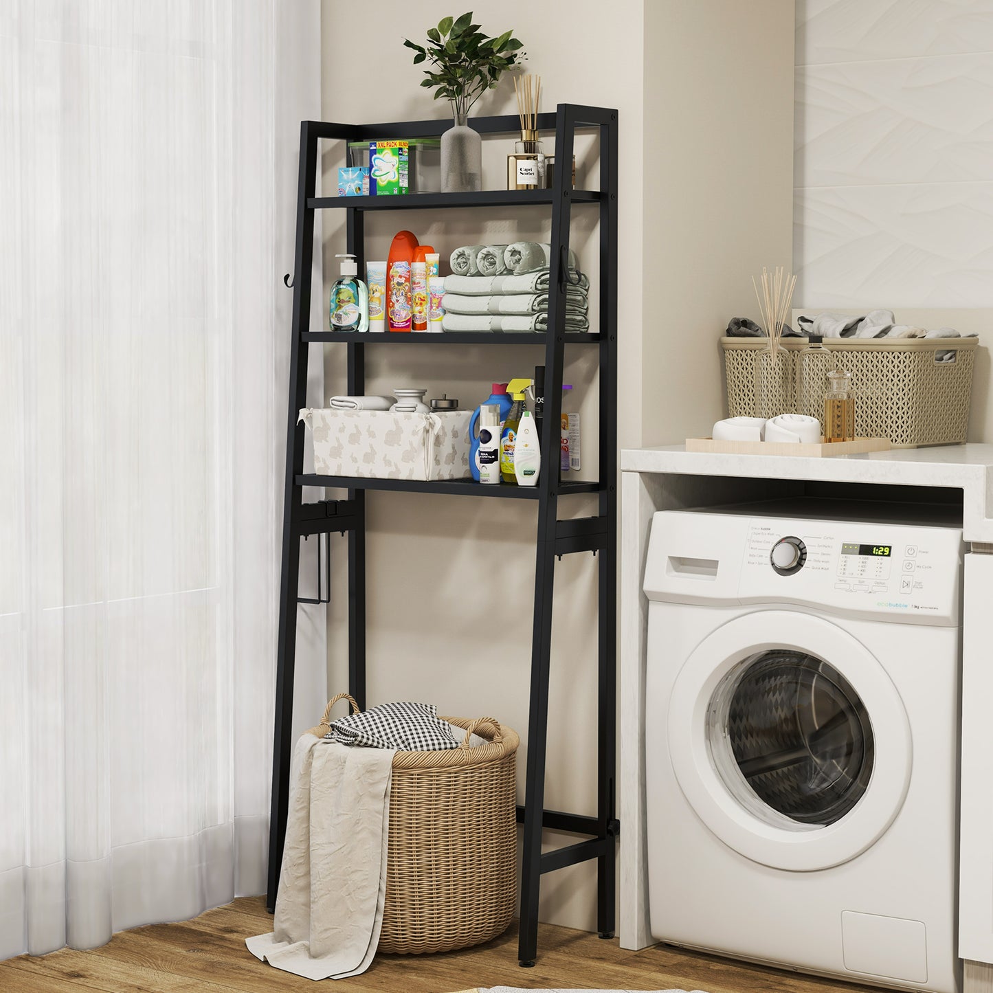 Topbuy Over-the-Toilet Storage 3-Tier Freestanding Bathroom Organizer Shelf w/ 2 Hanging Hooks & Toilet Paper Holder White/Black