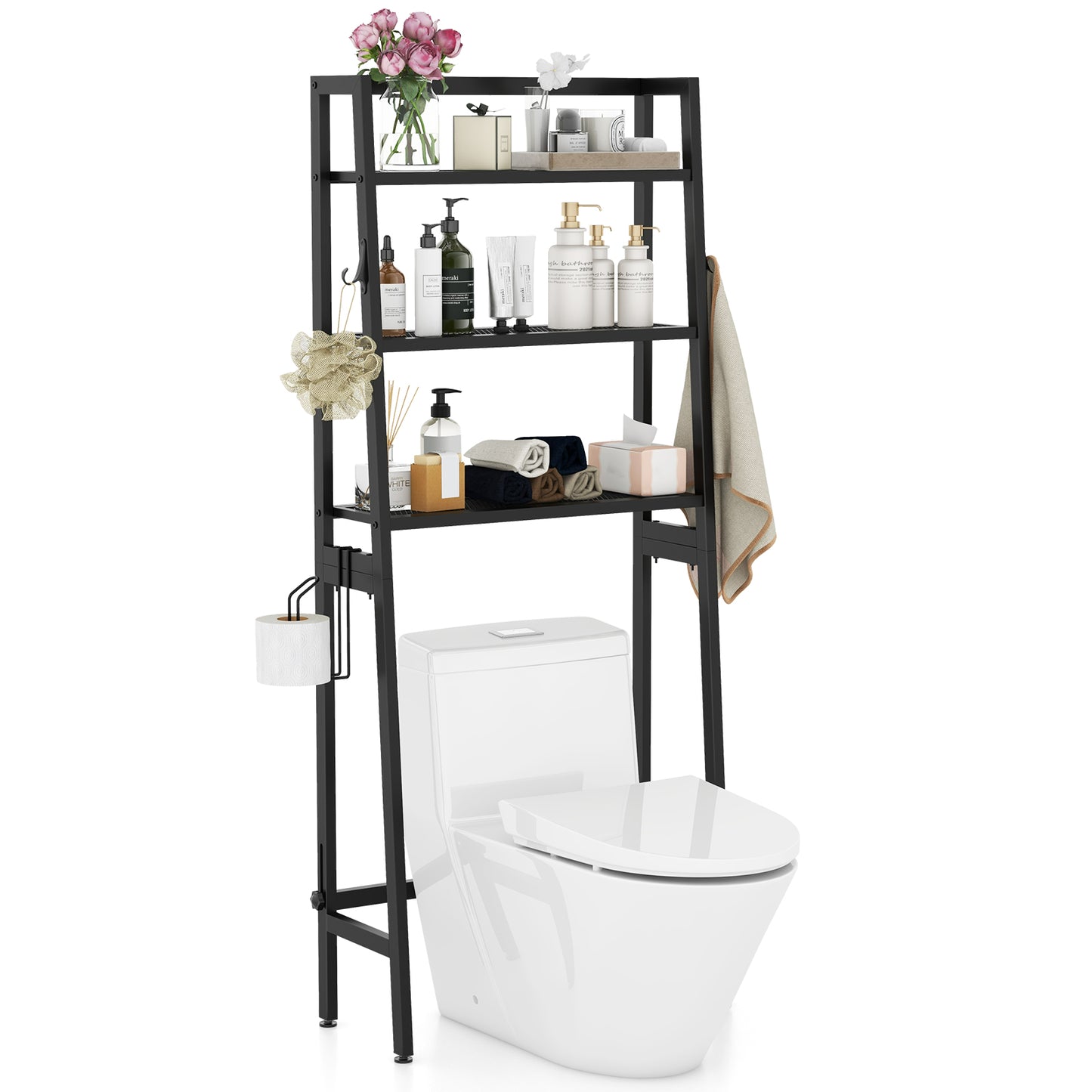 Topbuy Over-the-Toilet Storage 3-Tier Freestanding Bathroom Organizer Shelf w/ 2 Hanging Hooks & Toilet Paper Holder Black