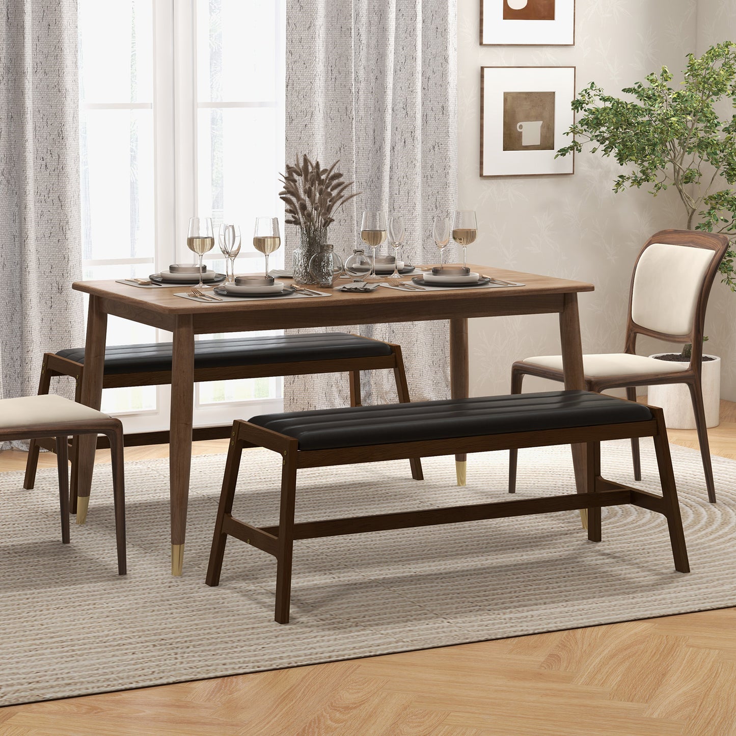 Topbuy 2pcs Solid Wood Dining Bench 50" Upholstered Entryway Bench w/ Padded Seat & Rubber Wood Frame Rectangular Ottoman Bench