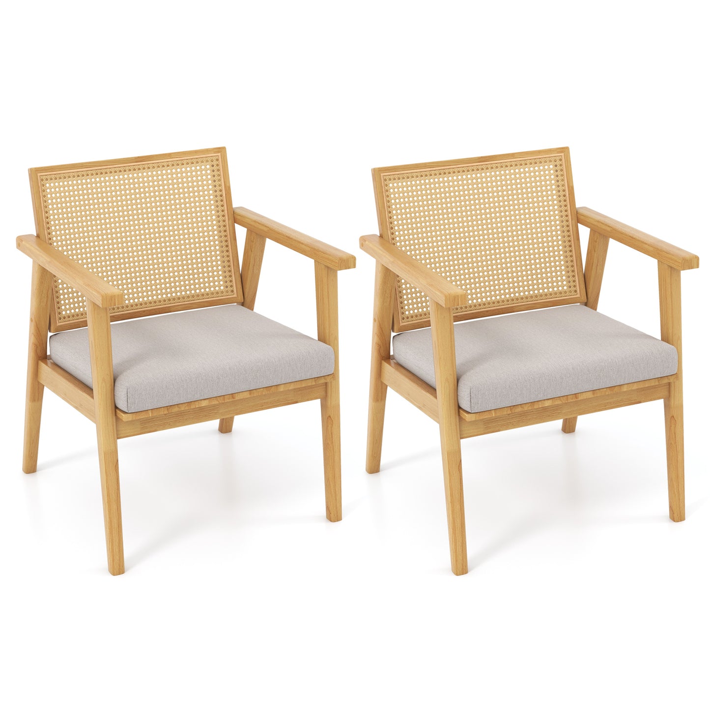 Topbuy Modern Rattan Chair Set of 2/4 Accent Chairs with Curved Rattan Backrest Detachable Padded Seat Cushion Solid Rubber Wood Frame