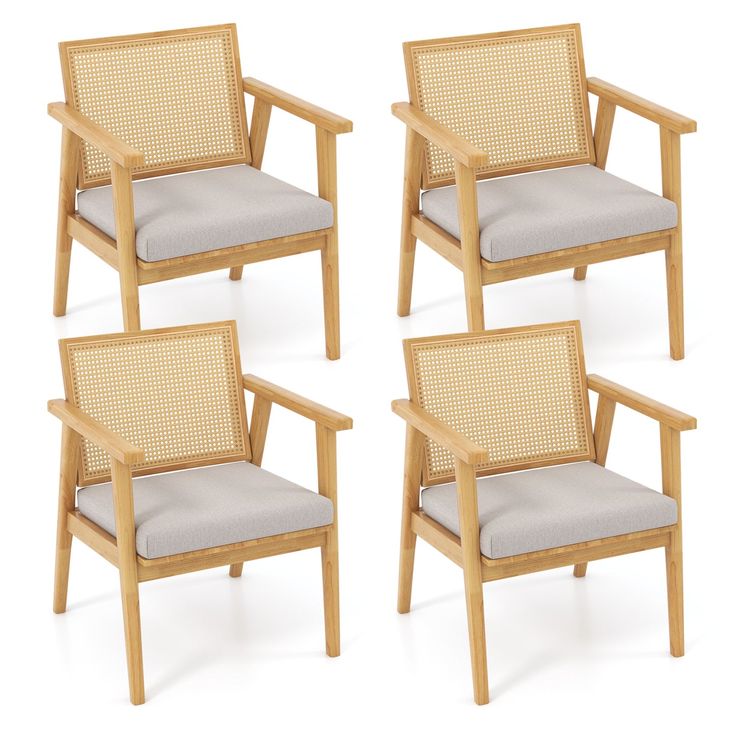 Topbuy Modern Rattan Chair Set of 2/4 Accent Chairs with Curved Rattan Backrest Detachable Padded Seat Cushion Solid Rubber Wood Frame