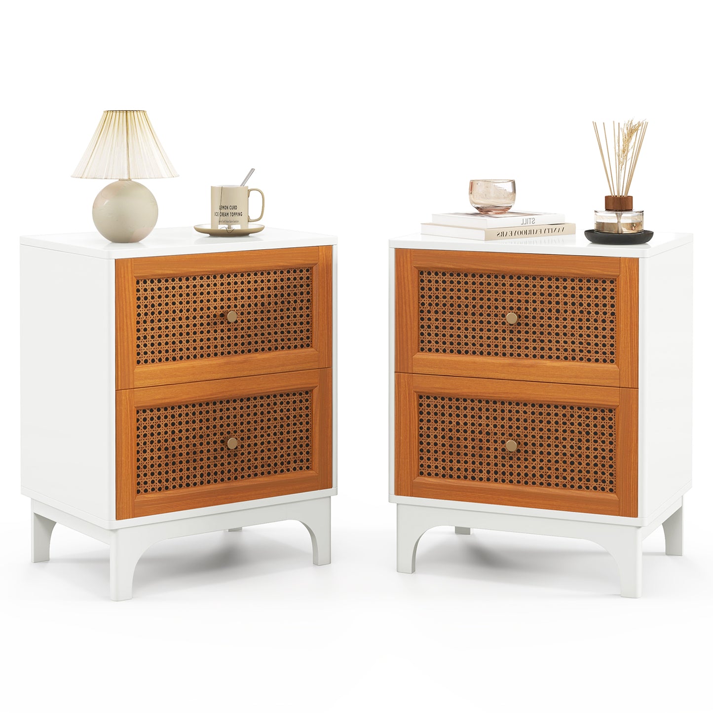 Topbuy 2 pcs Rattan Nightstand Boho Accent Table with 2 Handwoven Rattan Decorated Drawers Bedside Table with Solid Wood Legs