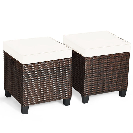 Patiojoy 2 Piece Outdoor Patio Rattan Ottoman Cushioned Wicker Stools Brown/Red/White/Turquoise/Navy